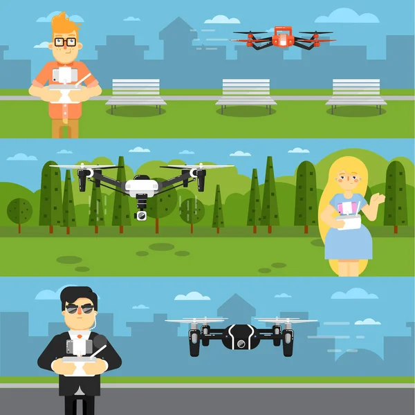 Flyers d'avions de drone avec robots volants — Image vectorielle