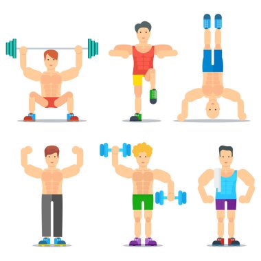 Erkekler Fitness karikatür vektör simgeler koleksiyonu