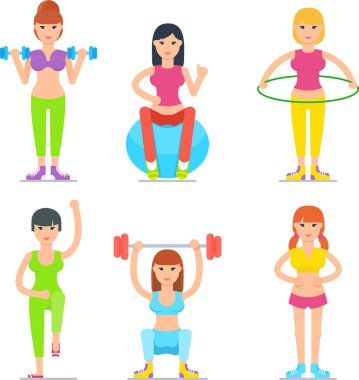 Kadın Fitness karikatür vektör simgeler koleksiyonu