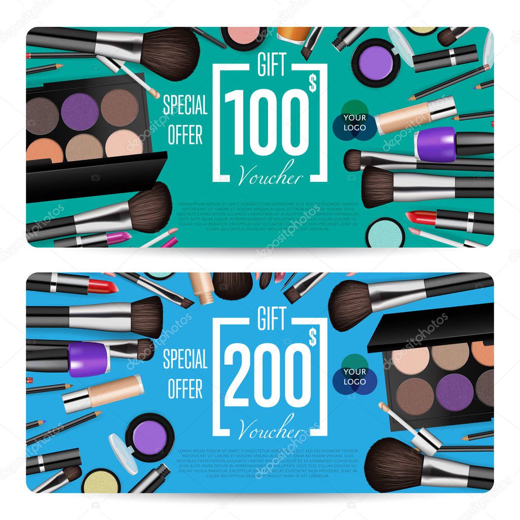 Cosmetics gift voucher template. Gift coupon with fashion makeup accessories and prepaid sum. Makeup brush, powder, lipstick, pencil, polish vectors. Special exclusive offer for cosmetics product sale