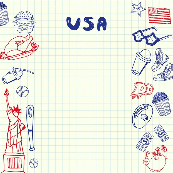 EUA Símbolos Pen Drawn Doodles Vector Collection —  Vetores de Stock