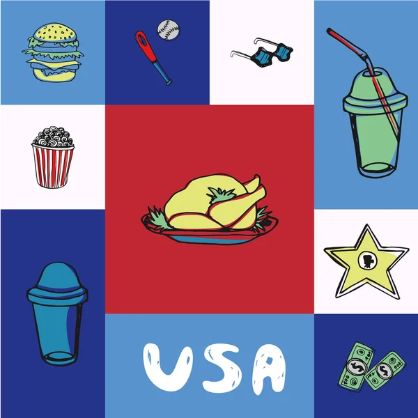 Conceito vetorial quadrado dos EUA com doodles —  Vetores de Stock