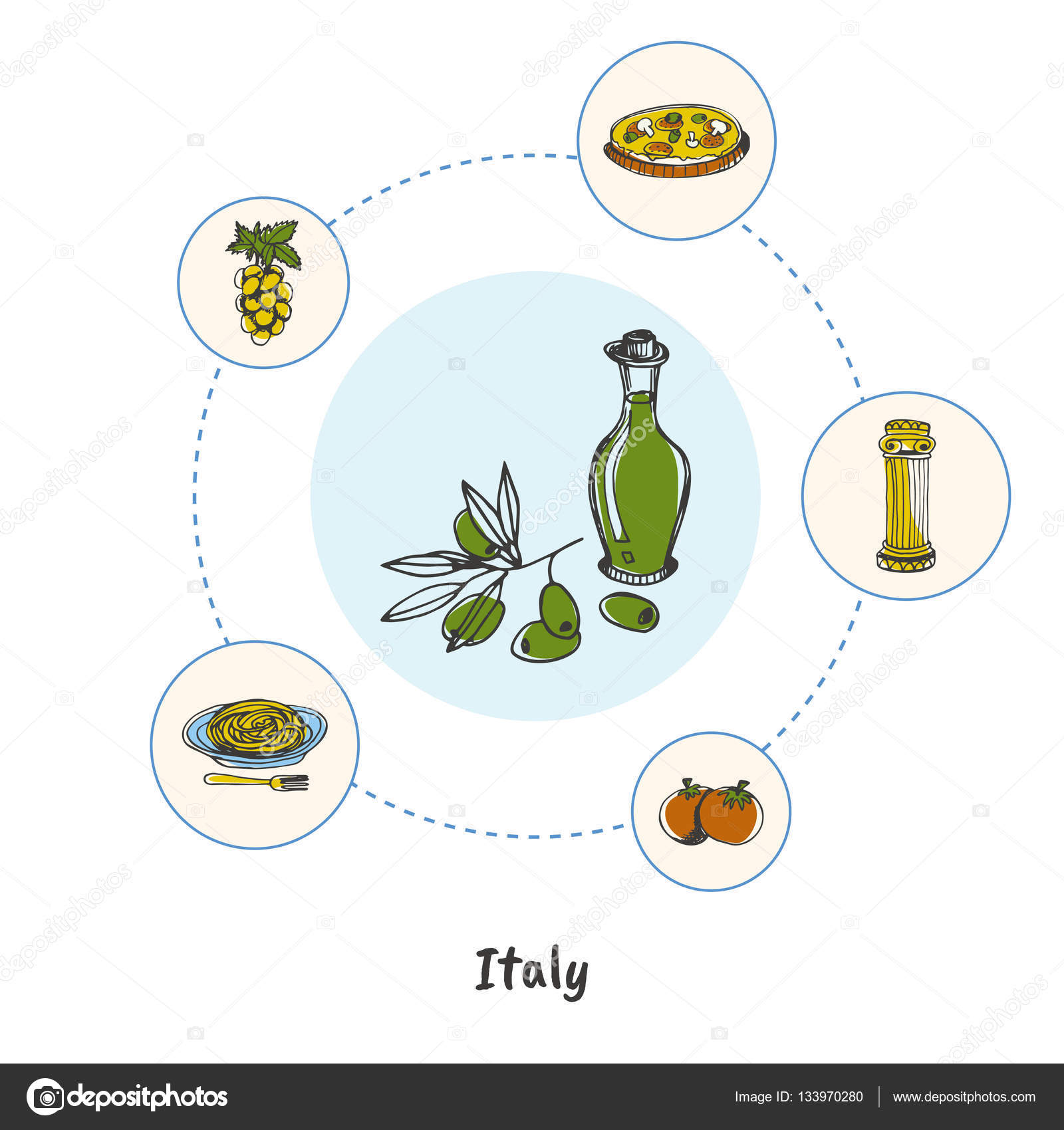 Bottiglia di olio d oliva colorati di doodle circondato colonna antica pasta uva pomodori icone di vettore disegnato a mano di pizza