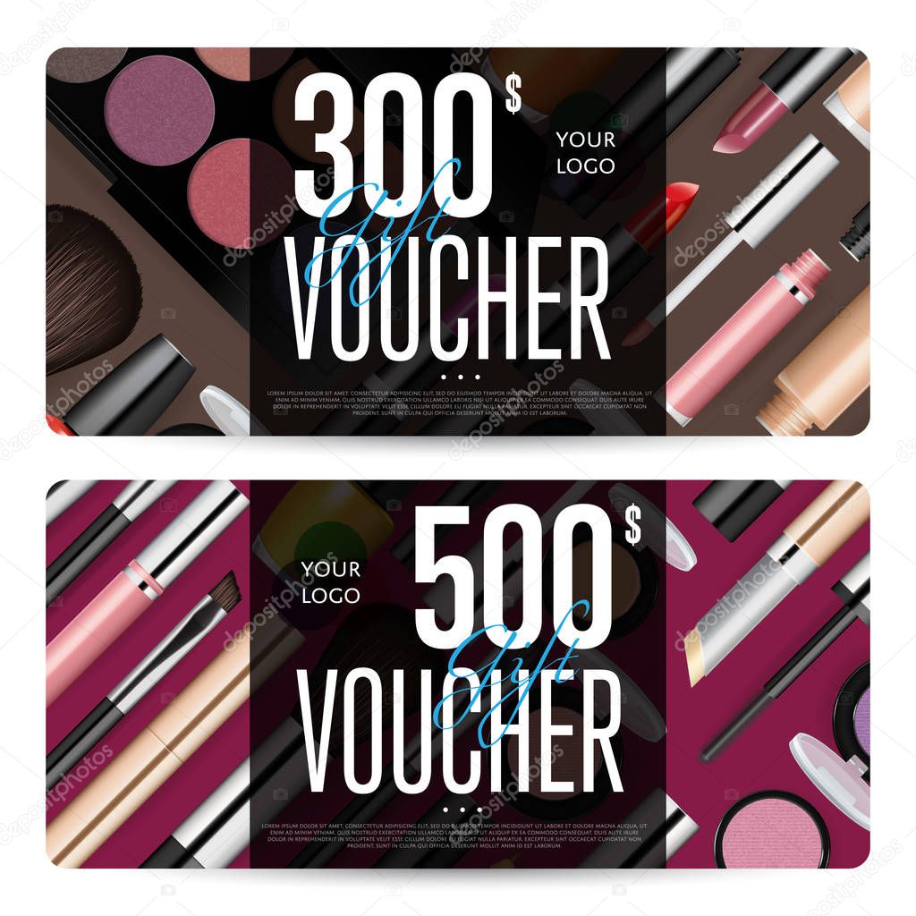 Cosmetics gift voucher template. Gift coupon with fashion makeup accessories and prepaid sum. Makeup brush, powder, lipstick, pencil, polish vectors. Special exclusive offer for cosmetics product sale
