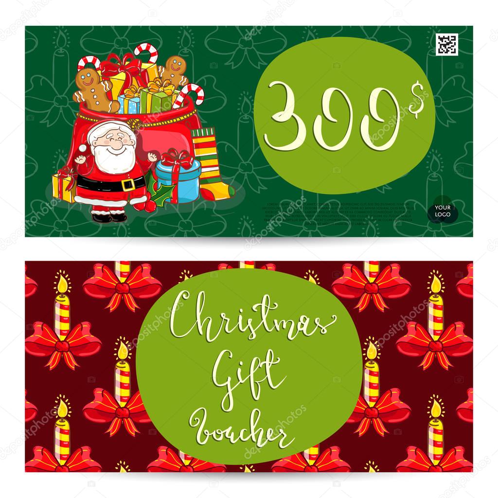 Christmas gift voucher template. Gift coupon with Xmas attributes and prepaid sum. Santa, gifts, christmas tree, gingerbread cookie cartoon vectors. Merry Christmas and Happy New Year greeting card