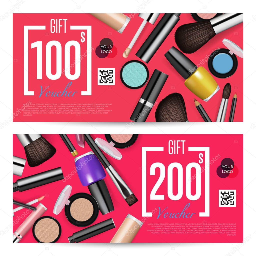 Cosmetics gift voucher template. Gift coupon with fashion makeup accessories and prepaid sum. Makeup brush, powder, lipstick, pencil, polish vectors. Special exclusive offer for cosmetics product sale