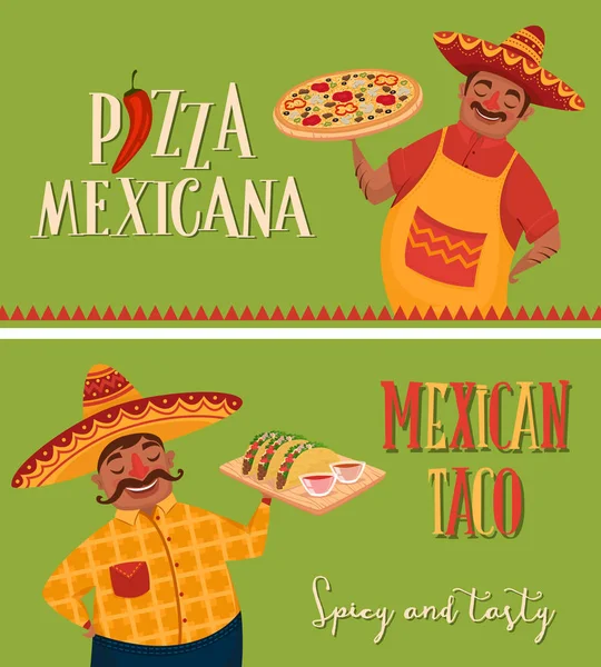 Mexikói ételek. Szakács, pizza és a taco. Bannerek — Stock Fotó