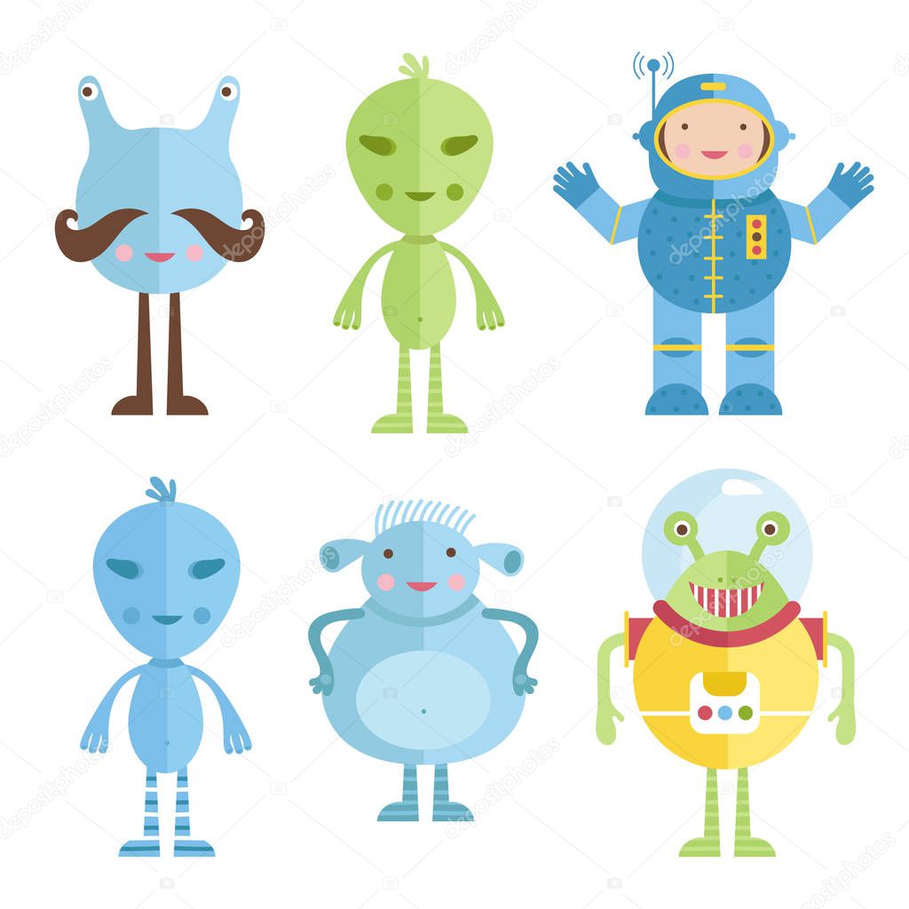 Aliens and Astronaut Vector Icons in Cartoon Style