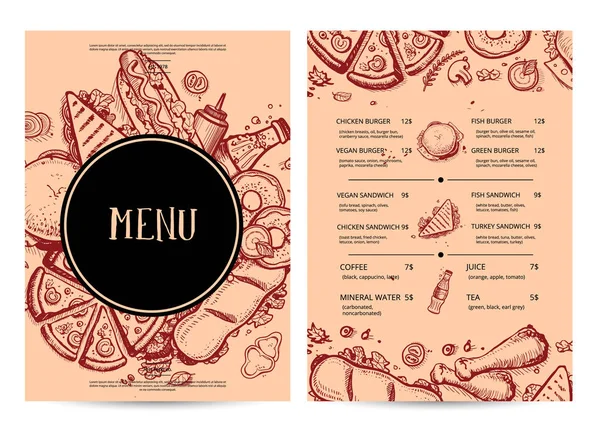 Diseño de menú de restaurante dibujado a mano — Vector de stock