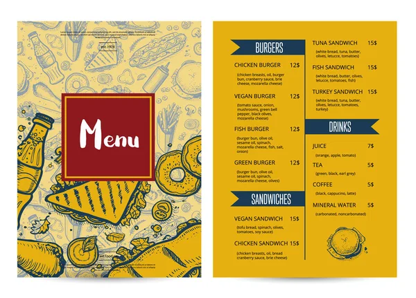 Folleto del menú del restaurante con gráfico dibujado a mano — Vector de stock