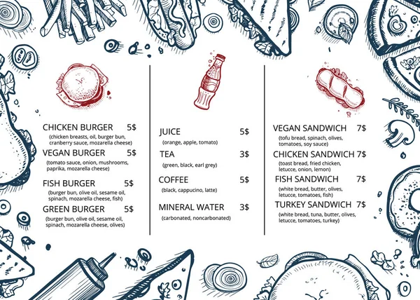 Restaurante menu de comida retro desenho desenhado à mão — Vetor de Stock