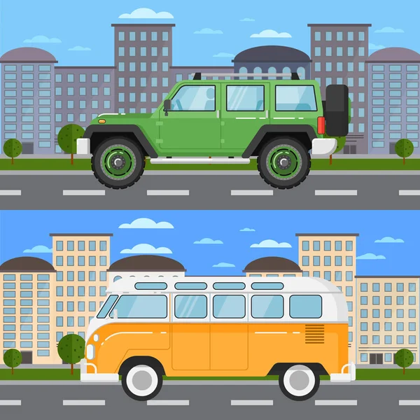Off road bil och retro buss i urbana landskap — Stock vektor
