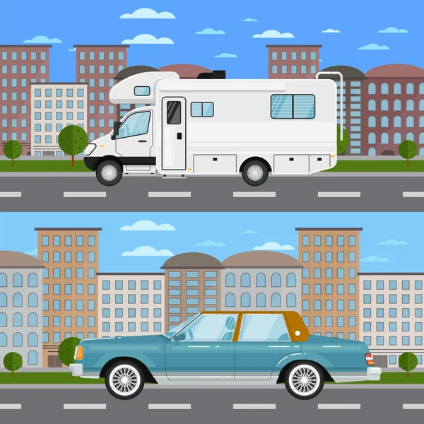 Voiture rétro et camping-car dans le paysage urbain — Image vectorielle