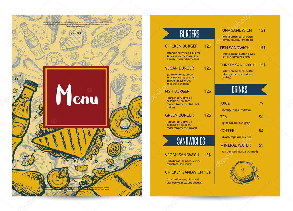 Restaurant menu brochure with hand drawn graphic