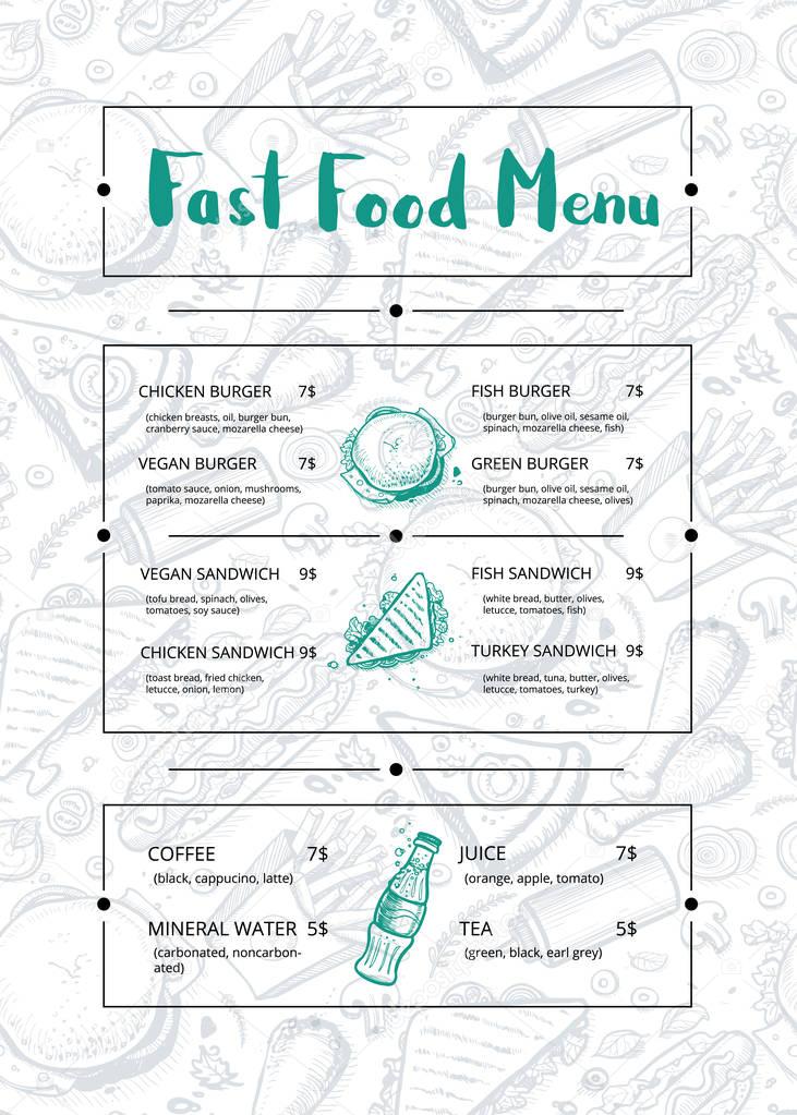 Restaurant menu brochure with hand drawn graphic