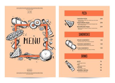 Vintage yaratıcı yemek menüsü ile el çizilmiş grafik