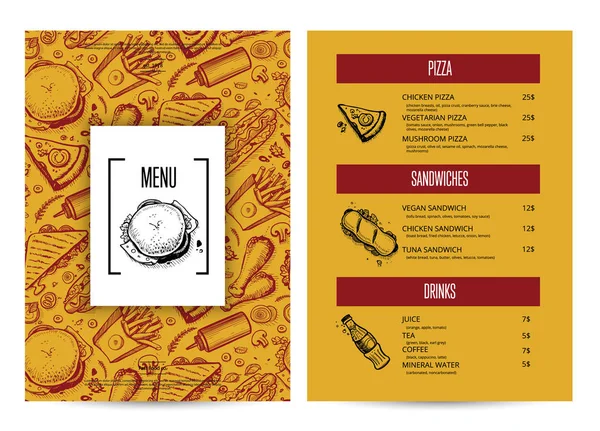 Menu criativo fast food com gráfico desenhado à mão — Vetor de Stock