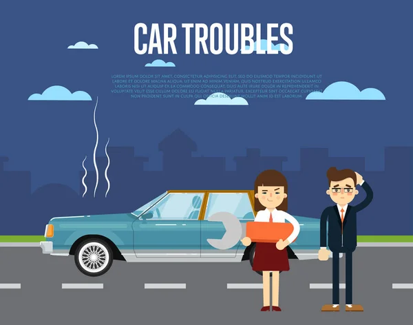 Car troubles banner with people near broken car
