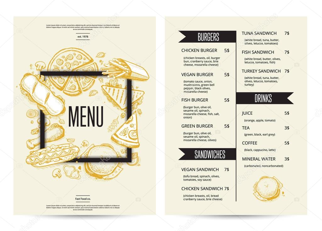 Food menu with burgers, sandwiches and drinks