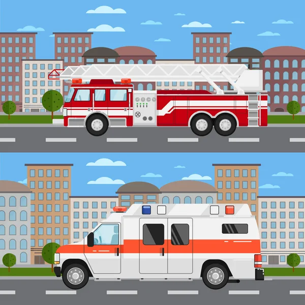 Пожарная машина и машина скорой помощи в городском пейзаже — стоковый вектор