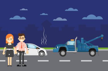 Car repairs banner with people near broken car clipart