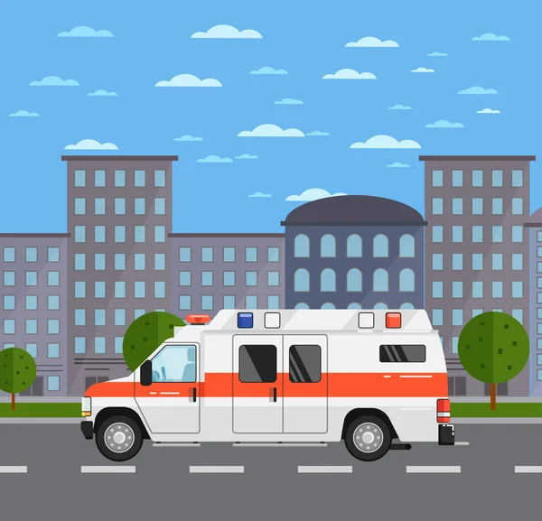 Ambulance bil på vej i bylandskab – Stock-vektor