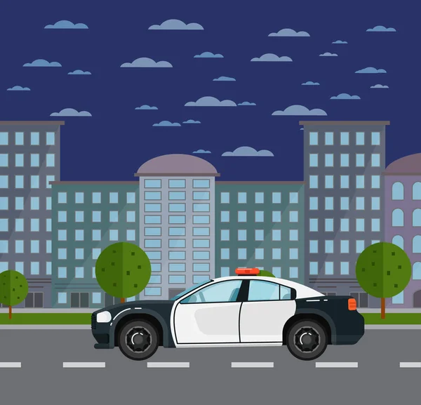 Polisbil på road i urbana landskap — Stock vektor