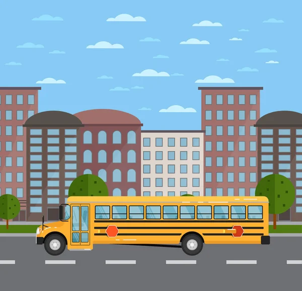 Autobús escolar amarillo en carretera en el paisaje urbano — Vector de stock