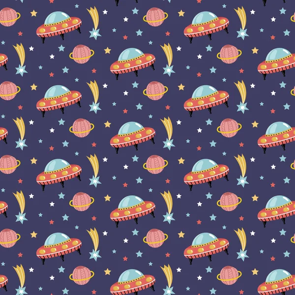 Alien Spaceship in Outer Space Seamless Pattern