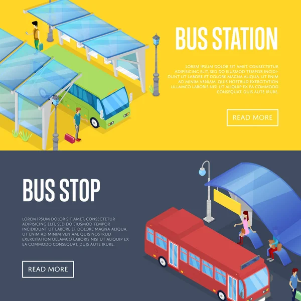 Автобусна станція очікування ізометричні 3D плакати — стоковий вектор
