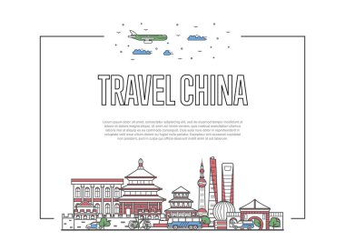 Doğrusal tarzda ünlü mimari çekimleri olan Çin posterini gezin. Dünya çapında seyahat ve seyahat konsepti. Çin işaretleri, şehir silüeti, küresel turizm ve seyahat vektörü arka planı