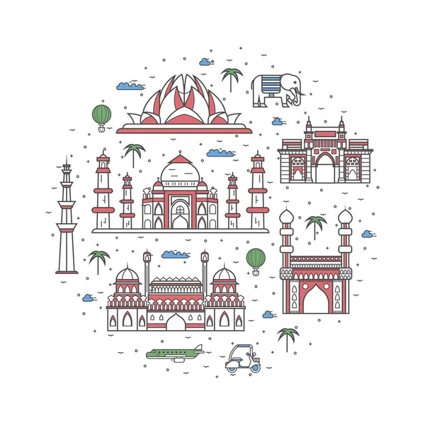 Indien Reiseplakat Mit Nationalen Architektonischen Attraktionen Historische Indische Wahrzeichen Und — Stockvektor