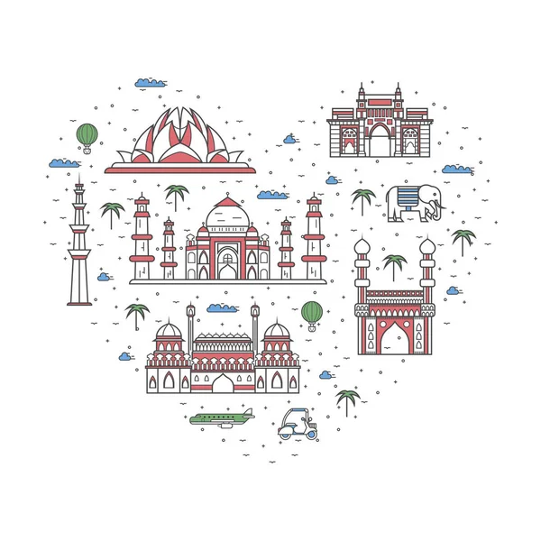 Love India Poster National Architectural Attractions Heart Frame Historic Indian — Stock Vector