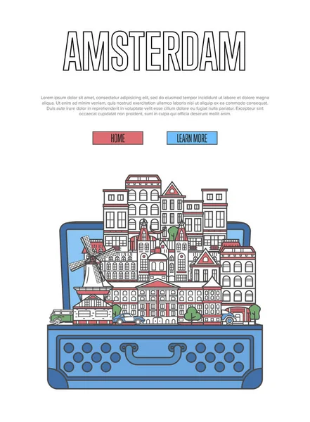 Cartel Ciudad Ámsterdam Con Famosas Atracciones Arquitectónicas Maleta Abierta Viajar — Vector de stock