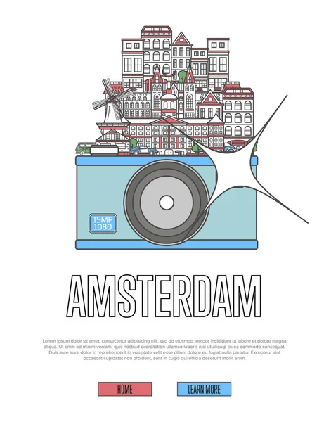 Cestovní Amsterdam Plakát Slavnými Architektonickými Atrakcemi Velké Kameře Evropská Cestovní — Stockový vektor