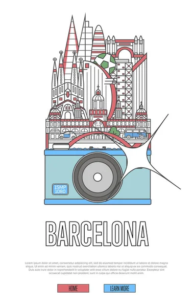Cartel Travel Barcelona Con Famosas Atracciones Arquitectónicas Cámara Grande Publicidad — Vector de stock