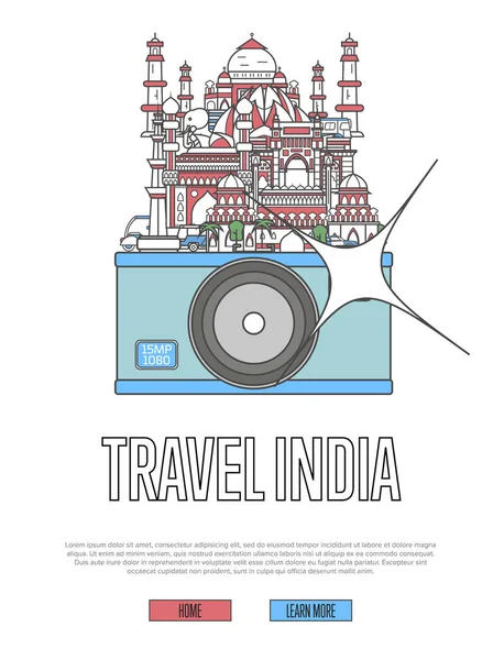 Travel India Poster Mit Berühmten Architektonischen Sehenswürdigkeiten Vor Großer Kamera — Stockvektor