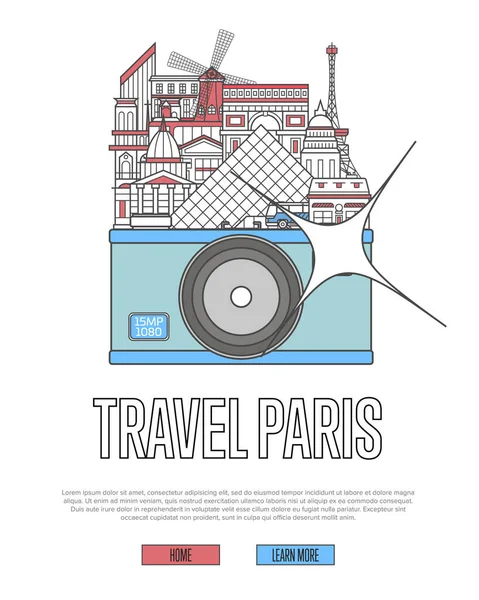 Travel Paris Poster Famous Architectural Attractions Big Camera Worldwide Traveling — Stock Vector