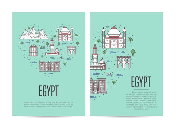 埃及旅游小册子集著名的建筑景点 旅行社旅游广告载体布局 非洲旅游 线性风格的埃及地标和传统符号 — 图库矢量图片