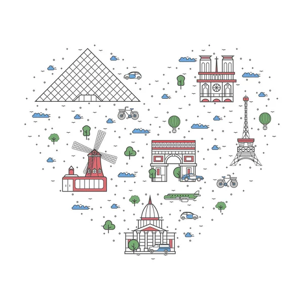 Encanta Cartel París Con Atracciones Arquitectónicas Nacionales Marco Del Corazón — Vector de stock