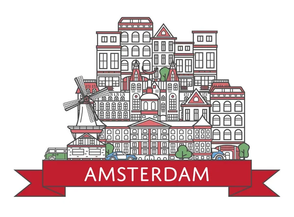 Постер Амстердамі Національними Архітектурними Пам Ятками Стилі Модного Лінійного Стилю — стоковий вектор