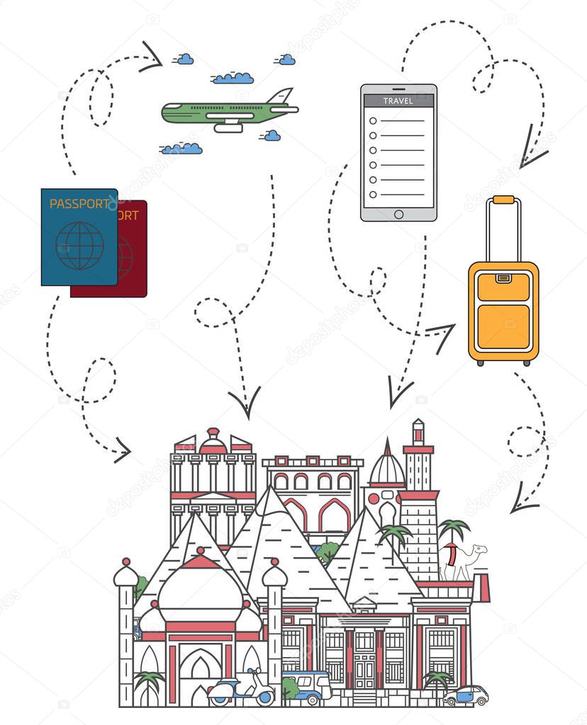 Time to travel infographics with famous egyptian architectural attractions, travel bag, passport, plane and smartphone in linear style. Online tickets ordering, worldwide tourism vector background.