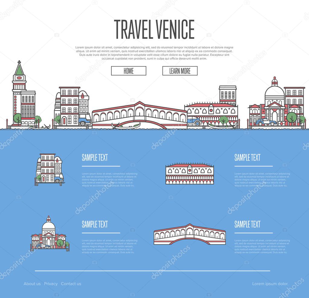 Venice city travel vacation guide with most important architectural attractions in trendy linear style. Venetian skyline with national famous landmarks. Worldwide traveling and journey vector concept