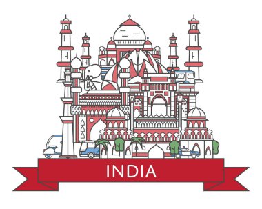 Mimari çekimleri moda doğrusal tarzında olan Hindistan posterini gezin. Beyaz arka planda Hindistan 'ın ünlü simgeleri. Ülke turizmi reklamcılığı ve dünya çapında seyahat vektörü kavramı.