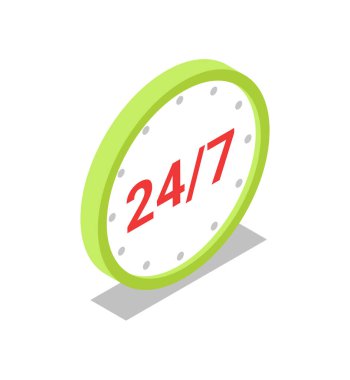 24 saat boyunca izometrik üç boyutlu simge ticareti. 24 saat süpermarket alışveriş sembolü, perakende ve dağıtım imzası izole edilmiş vektör illüstrasyonu.