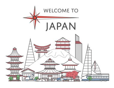 Doğrusal tarzda ünlü mimari çekimleri olan Japonya posterine hoş geldiniz. Dünya çapında seyahat ve seyahat konsepti. Japon ulusal simgeleri, küresel turizm ve seyahat vektörü arka planı