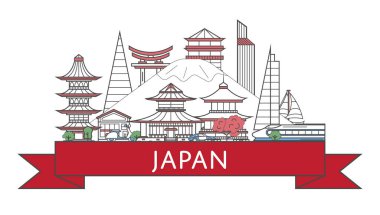Moda tarzında ulusal mimari çekimleri olan Japonya posterini gezin. Beyaz arka planda Japonların ünlü simgeleri. Ülke turizmi reklamcılığı ve dünya çapında seyahat vektörü kavramı.