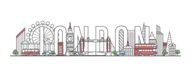 Londra seyahat mektupları ve doğrusal olarak ünlü mimari anıtlar. Dünya çapında seyahat ve seyahat konsepti. Londra şehir simgeleri, küresel turizm ve seyahat vektörü geçmişi.