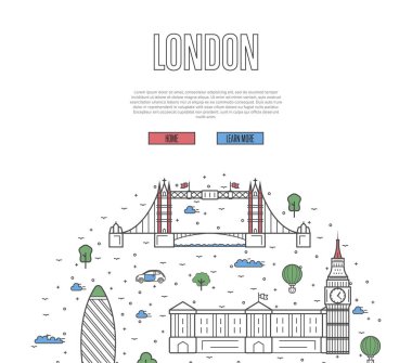 Londra turne posterinde ulusal mimari gösteriler var. İngiliz ünlü simgeleri ve beyaz arka planda geleneksel semboller. Trend doğrusal tarzında turistik reklam vektörü düzeni.