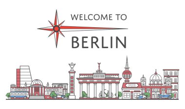 Doğrusal tarzda ünlü mimari çekimleri olan Berlin posterine hoş geldiniz. Dünya çapında seyahat ve seyahat konsepti. Berlin ulusal simgeleri panorama ve Avrupa turizm vektör geçmişi.